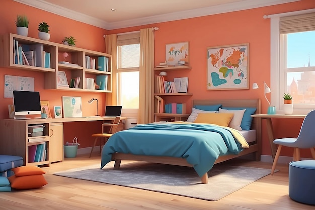 Vector estudiante pequeña habitación de dibujos animados dormitorio con muebles acogedor apartamento con cama portátil sillón alfombra estantería tablero ventilador fondo de arquitectura