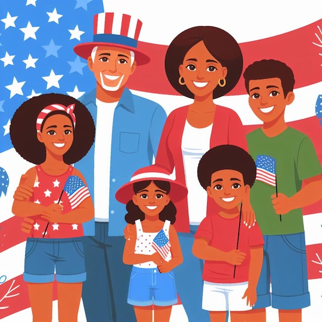 Vector família americana comemorando o Dia da Independência