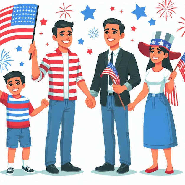 Vector família americana comemorando o Dia da Independência