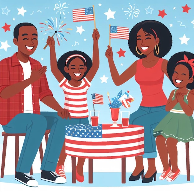 Vector família americana comemorando o Dia da Independência