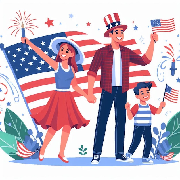 Vector família americana comemorando o Dia da Independência