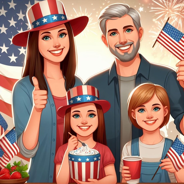 Vector, una familia estadounidense que celebra el Día de la Independencia.