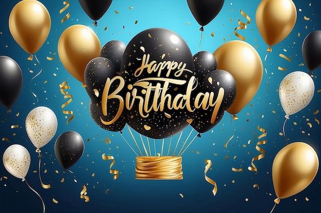 Foto vector feliz cumpleaños ilustración horizontal en fondo azul con 3d realista