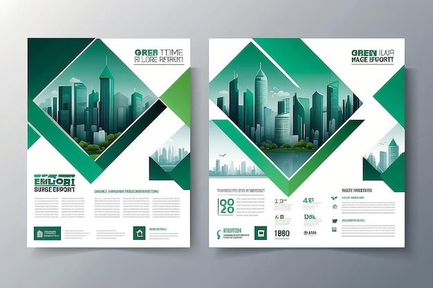Vector Flyer Unternehmensgeschäftsjahresbericht Broschüre Design und Cover Präsentation mit grünem Dreieck und Stadt