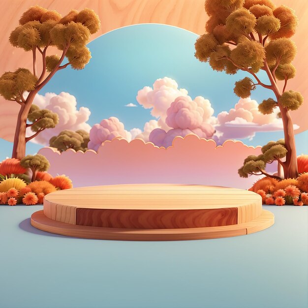 Vector de fondo 3d cilindro de verano naranja podio de madera y escena de nubes mínimas con licencia podio de árbol de verano 3d podio de madeira rosa pastel productos de escenario plataforma de podio de halloween visualización de cielo 3d