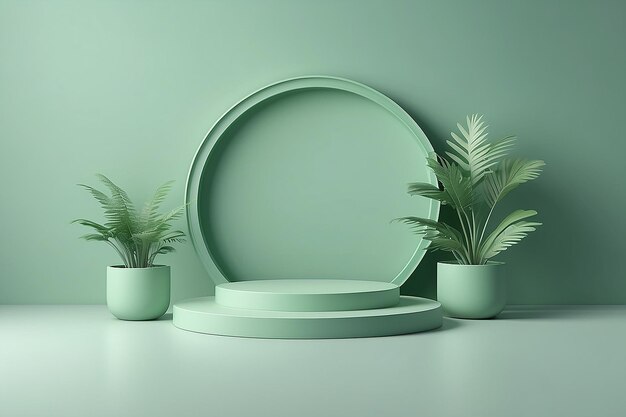 Vector de fondo 3d renderizado en color verde pastel con podio y productos verdes mínimos producto de la escena con podio mínimo fondo renderizado en 3d forma verde pastel