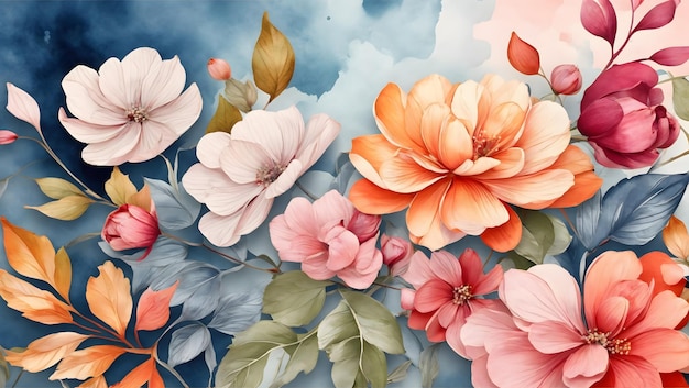 Vector de fondo de arte de acuarela de flores Diseño de papel de pared con arte de línea de pincel de pintura floral