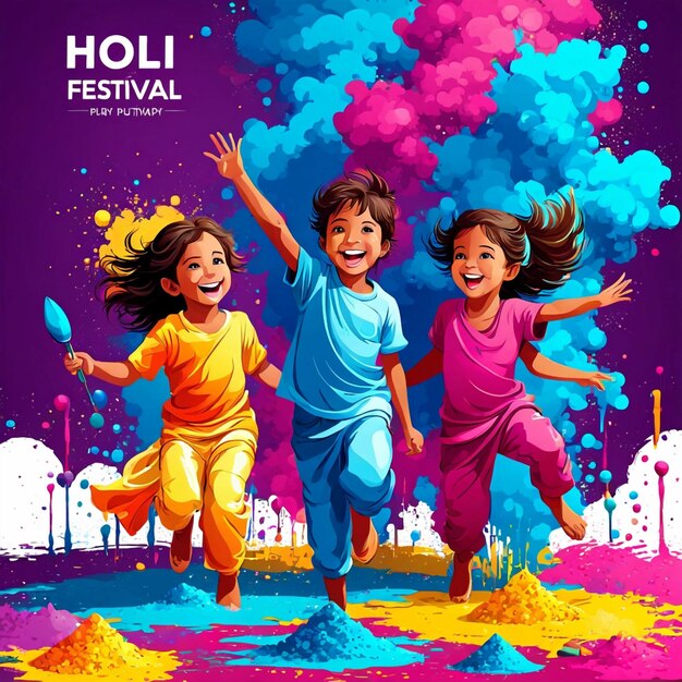 Foto vector de fondo del festival de holi con niños felices