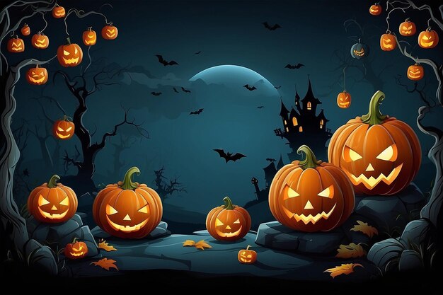 Vector de fondo de Halloween con fantasmas, calabazas y ollas