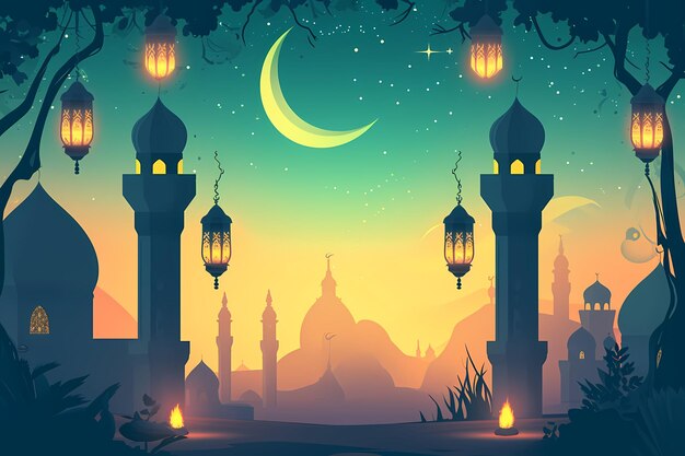 Vector de fondo con mezquitas y minaretes para la fiesta Mubarak