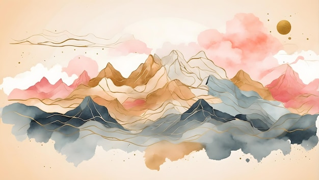 Vector de fondo de montaña abstracto Arte paisajístico mínimo con pincel de acuarela y línea dorada