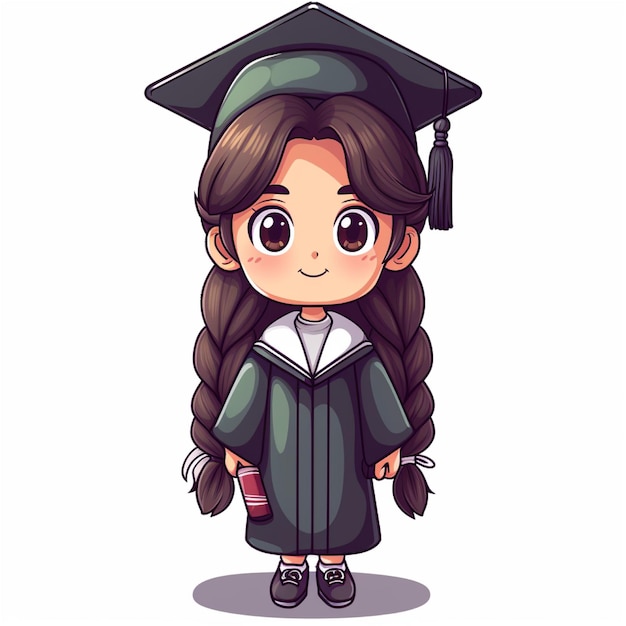 Foto vector de graduación del estudiante personaje chibi ilustración en fondo blanco sólido