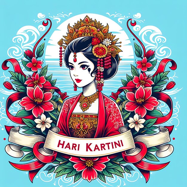 Vector Hari Kartini mit Blumen und einer Frau in einem roten Kleid