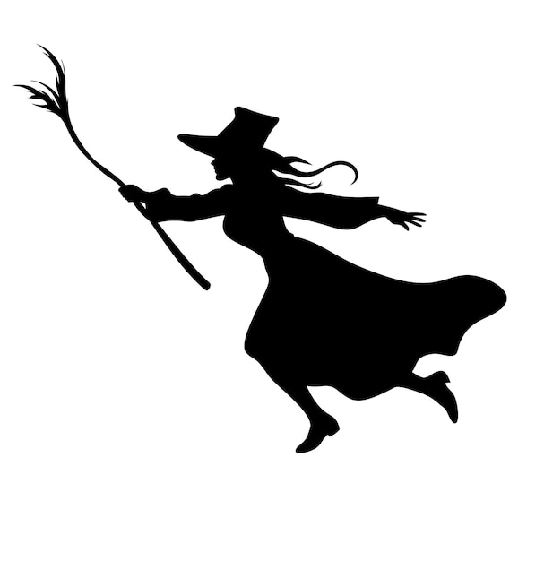 Vector hermosa bruja bruja voladora con escoba silueta de bruja negra ilustración vectorial sobre fondo blanco