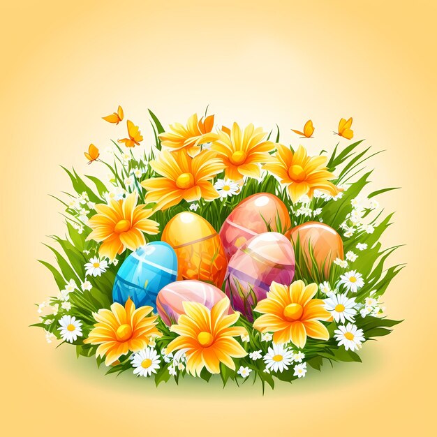 Foto vector de huevos de pascua y flores sobre fondo amarillo