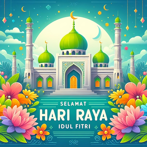 vector idul fitri ein Poster für eine Moschee mit Blumen und einer Moschee auf der Spitze