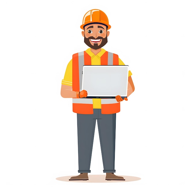 Foto vector illustration of a construction worker with a laptop in his hands