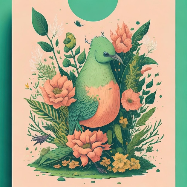 Vector ilustración dibujada a mano de un pájaro lindo con flores