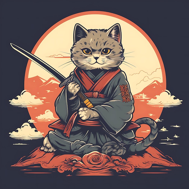 vector ilustración simple gato japonés está sosteniendo una espada samurai