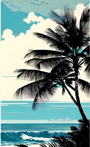 Vector isla tropical costa tropical con palmeras y olas marinas