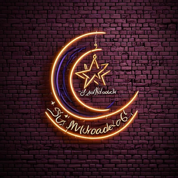 Vector de letrero de neón Eid Mubarak con letras y luna creciente y estrella contra un fondo de pared