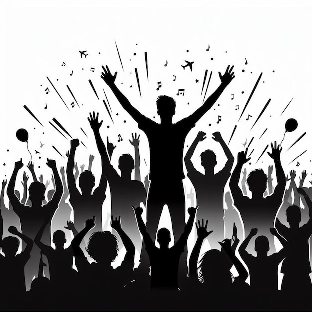Vector libre animando a la multitud silueta emocionados jóvenes con las manos en alto grupo de amigos felices