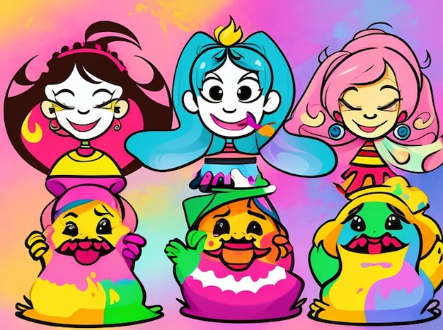 Vector libre de la mano dibujar personajes divertidos celebrar colorido holi fondo de la tarjeta