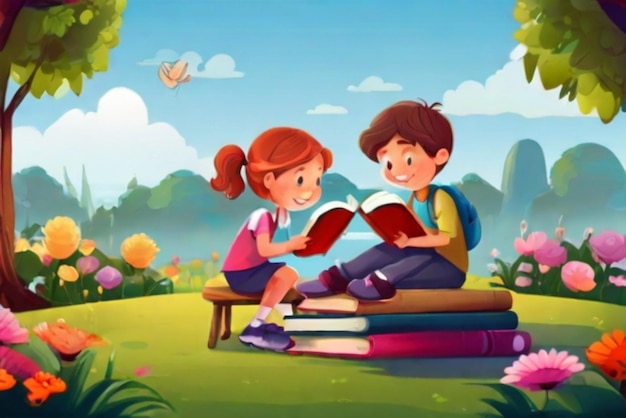 Foto un vector libre los niños están leyendo libros en una pila de libros en la escena del jardín