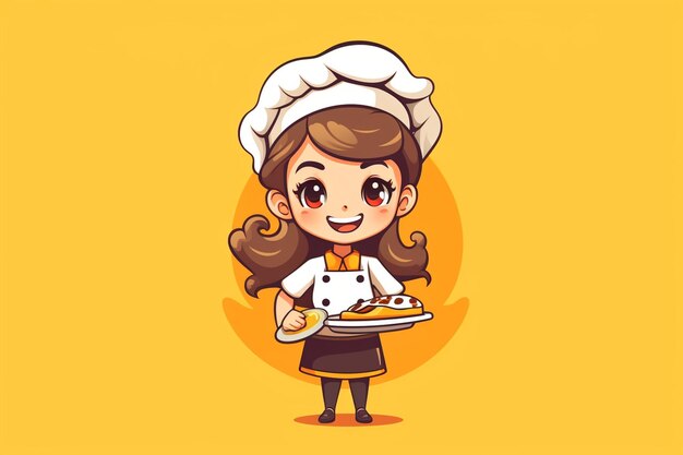 Foto vector linda garota chef em uniforme personagem segurando um logotipo de restaurante de comida turner