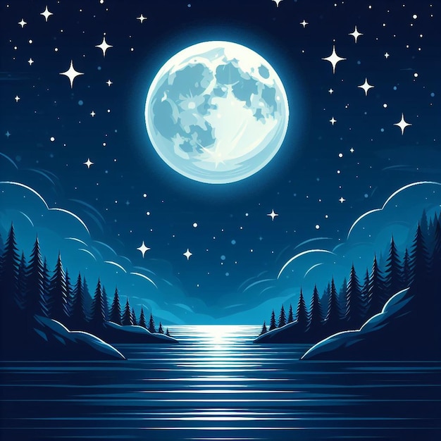 Vector livre noite paisagem oceânica lua cheia e estrelas brilham