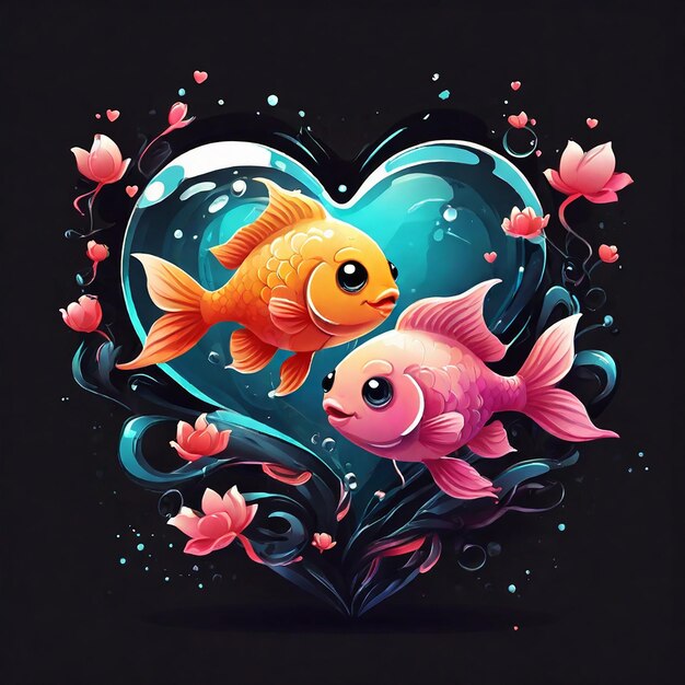 Vector de logotipo Día de San Valentín tema de la visualización de kawaii muy lindo un bebé par de peces amados