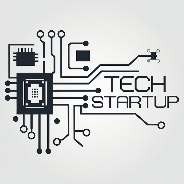 Foto vector de logotipo de startup tecnológico con elementos inspirados en circuitos y una fuente moderna