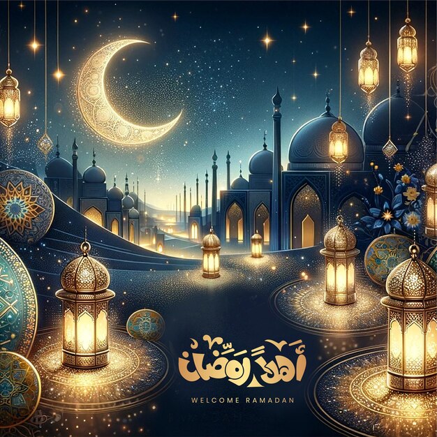 Foto vector de lujo gratuito saludo realista ramadán kareem mubarak árabe ramazan pancarta después de la caligrafía