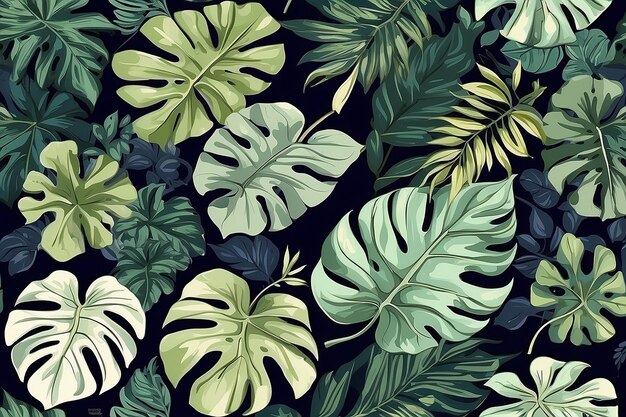 Foto vector luz folhas tropicais verão padrão sem costura com plantas verdes tropicais e folhas em fundo azul marinho ótimo para férias temático tecido papel de parede embalagem padrão de superfície