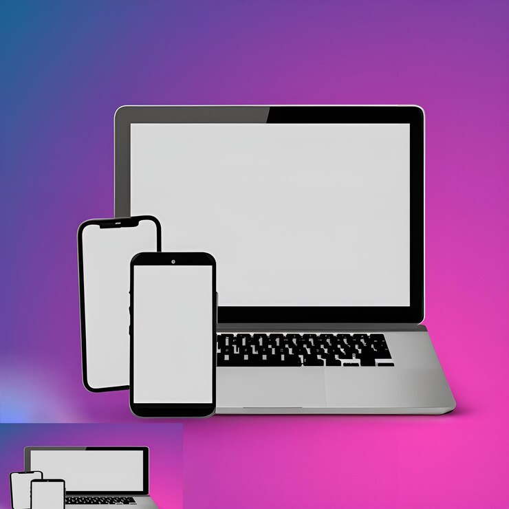 Foto vector de maqueta de pantalla de dispositivo digital con portátil y teléfono inteligente con fondos de pantalla de gradiente generativo