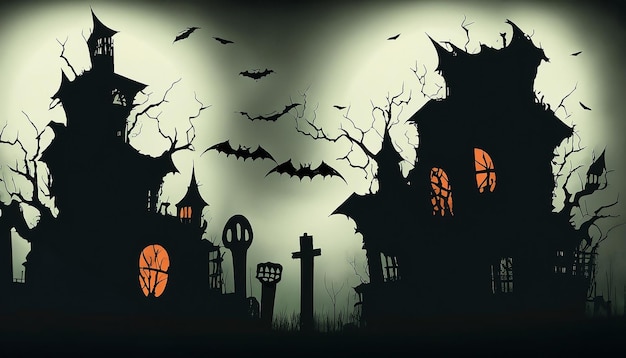 Vector de miedo Paisaje de Halloween Casa embrujada Cementerio espeluznante Murciélagos voladores Bruja hechizante