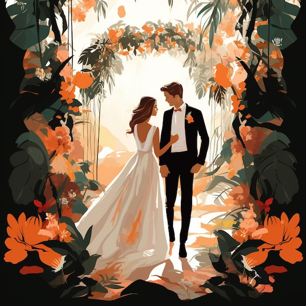 Vector minimalista livro de casamento ilustração de personagens de casal de casamento