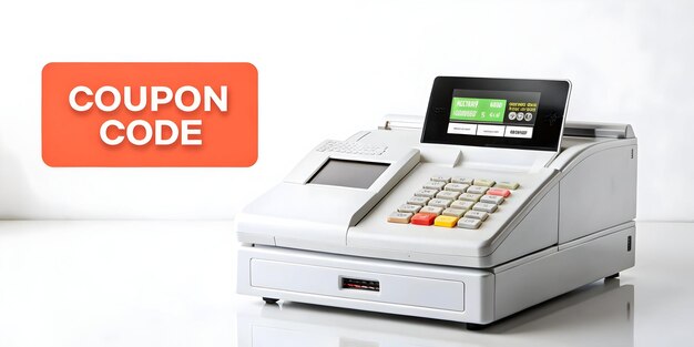 Vector minimalista que ilustra el código de cupón aislado plano y la caja registradora ideal para la promoción minorista