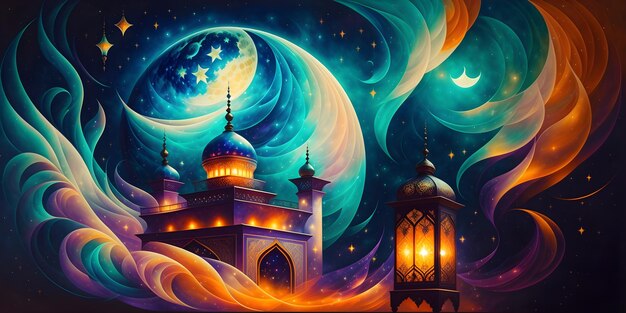 Foto vector místico de ramadán con mezquita colorida y luna