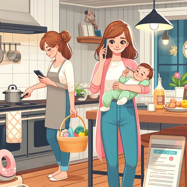 un vector una mujer en una cocina con un bebé en una canasta