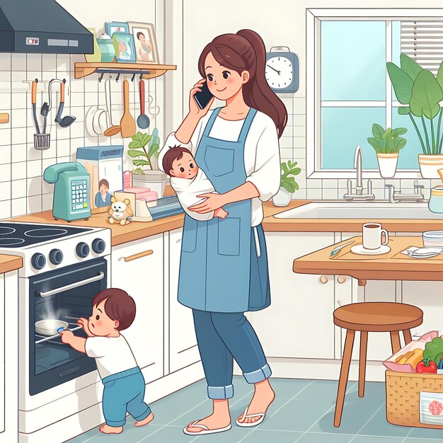 un vector una mujer en una cocina con un bebé y una mujer sosteniendo un bebé