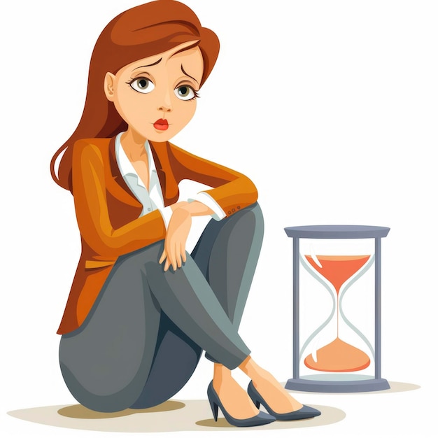 Vector mujer de negocios desesperada mirando el reloj de arena ID de trabajo e9708abf8b814754b668abc23f43c845