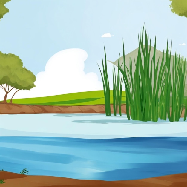 Vector natureza bonita com lago e prado