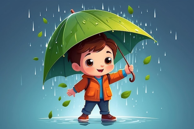 Vector niño lindo sosteniendo una hoja en la lluvia dibujos animados icono vectorial ilustración gente icono de la naturaleza concepto aislado