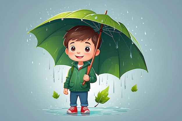 Vector niño lindo sosteniendo una hoja en la lluvia dibujos animados icono vectorial ilustración gente icono de la naturaleza concepto aislado