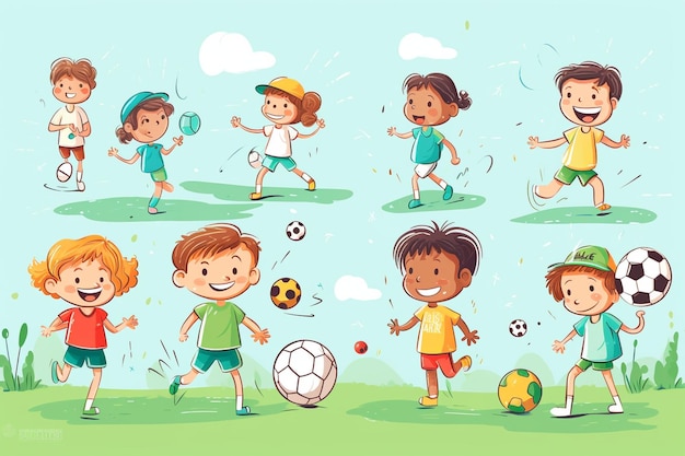 Foto vector niños y niñas activos que practican deportes y actividades divertidas al aire libre