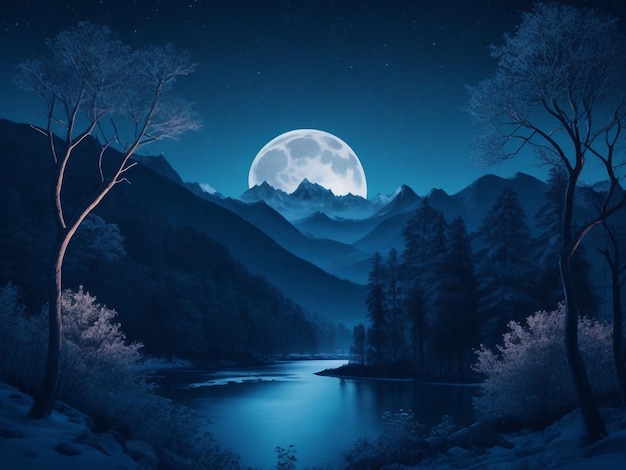 Vector noite bonita com montanha de lua e árvores à beira do rio