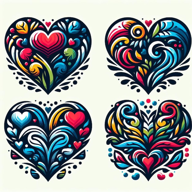 Vector offset caligrafia de cores corações conjunto de cores múltiplas