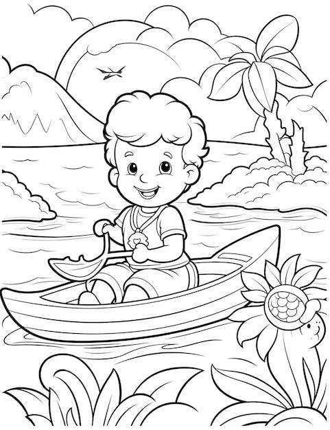 Vector una página de colorear lindo y divertido de un niño en kayak proporciona horas de colorear diversión para los niños color