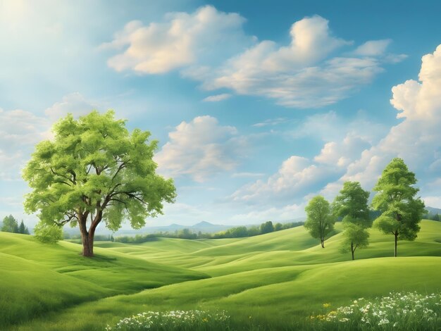 Vector paisaje primavera verano Ilustración con árboles nubes pradera de hierba verde